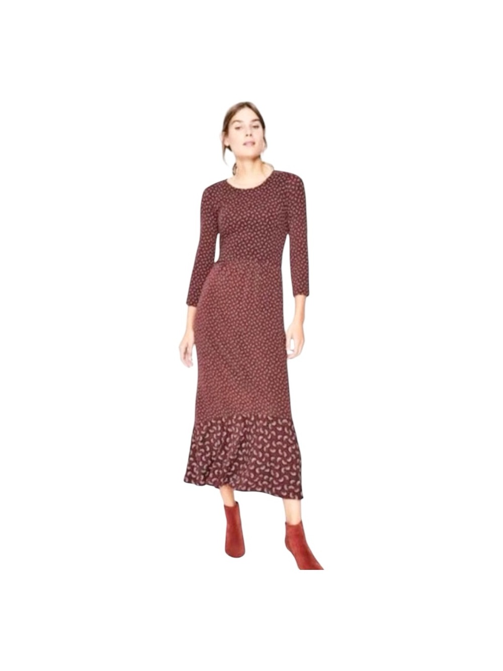 BODEN  Burgundy “Philippa”  Patterned Long Sleeves Ruffle Hem Midi Dress 8R